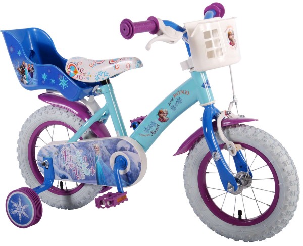 Bicicleta Volare pentru fete 12 inch cu scaun pentru papusi roti ajutatoare si cosulet Frozen
