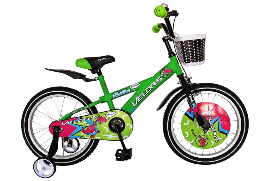 Bicicleta copii 18 Velors V1801B cadru otel verde negru si roti ajutatoare