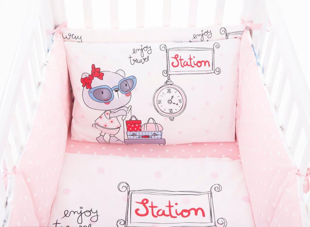 Lenjerie patut cu 6 piese si protectii laterale complete Pink Station 70x140 cm