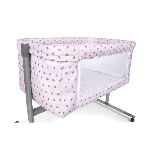 Patut co-sleeper cu laterala transparenta, pernuta, plapumioara si saltea near aquamarine roz