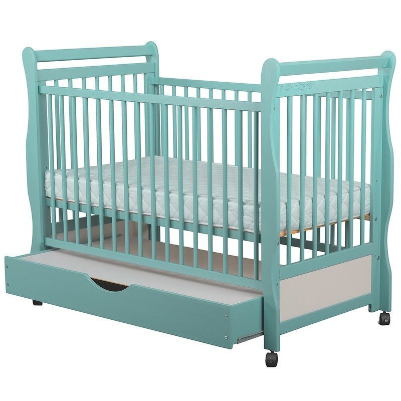 Patut din lemn jas 120x60 cm cu sertar mint + saltea 8 cm