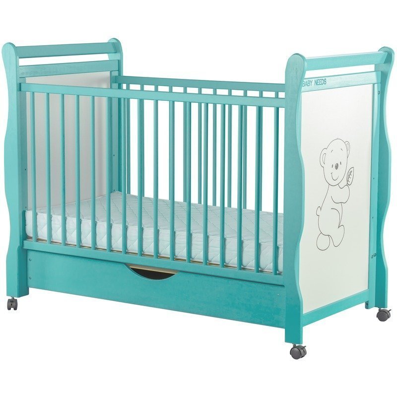 Patut din lemn jas ursulet 120x60 cm cu sertar mint + saltea 12 cm