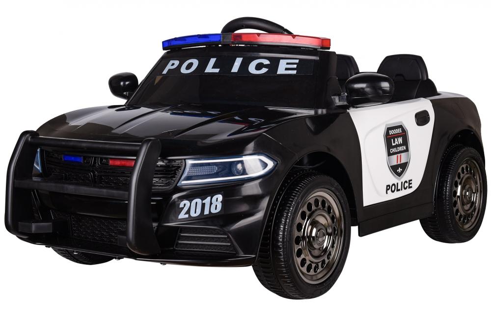 Masinuta electrica Police Patrol cu scaun de piele si roti din cauciuc Black Nichiduta