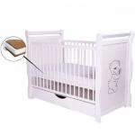 Patut din lemn Jas Ursulet 120x60 cm cu sertar Alb + Saltea 12 cm