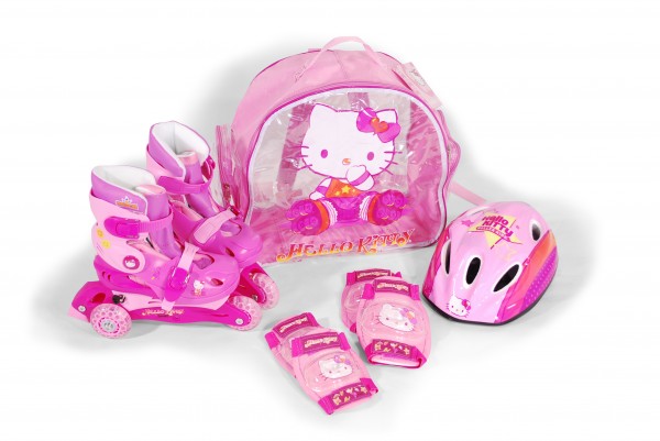 Role copii Saica reglabile 31-34 Hello Kitty cu protectii si casca in ghiozdan nichiduta.ro
