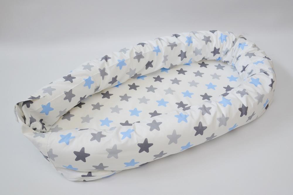 Baby nest 0-8 luni 3 in 1 culcus, protectie patut si saltea Stele bleu si gri