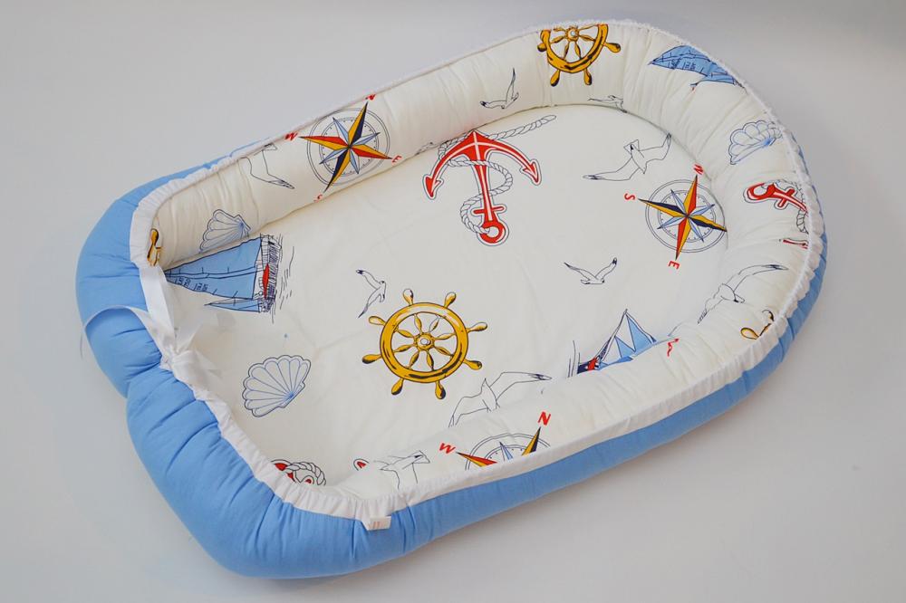 Baby nest 0-6 luni bleu cu ancore + protectie