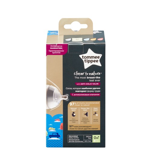 Biberon decorat closer to nature bleu 260 ml tommee tippee
