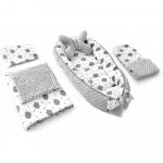 Set 5 in 1 Babynest Minky 2 perne 1 paturica si o saltea cu doua fete Tutumi alb/gri norisori