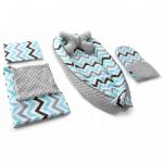 Set 5 in 1 Babynest Minky, 2 perne, 1 paturica si o saltea cu doua fete Tutumi albastru/gri zig zag