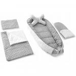 Set 5 in 1 Babynest Minky 2 perne 1 paturica si o saltea cu doua fete Tutumi gri/alb stelute