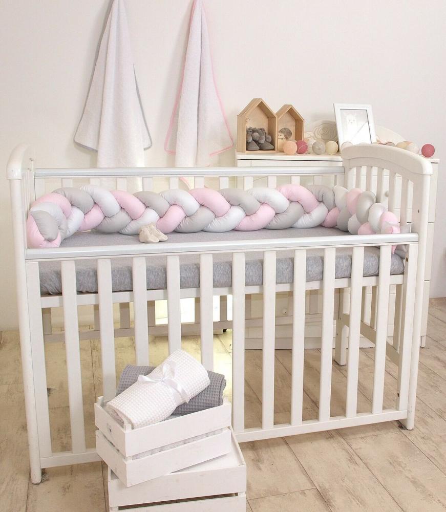 Protectie laterala patut bebe bumper impletit bumbac white pink grey 210 cm