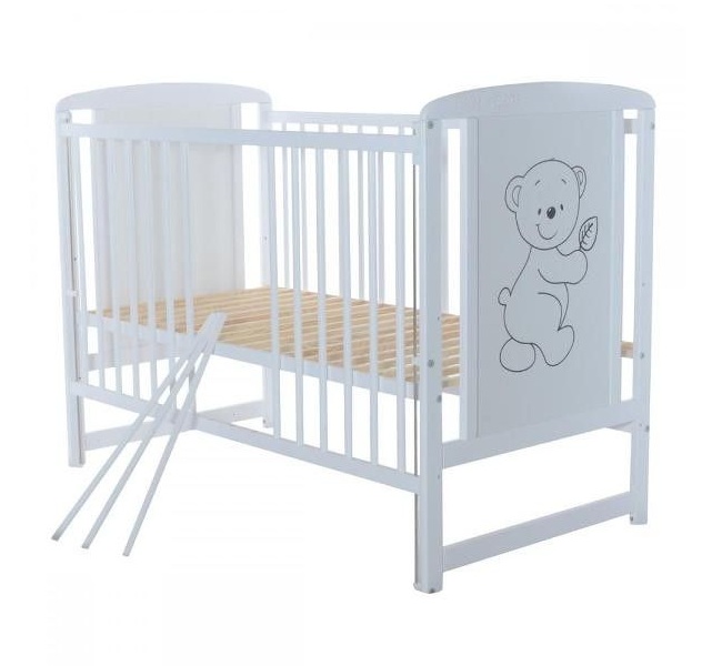 Set patut din lemn cu laterala culisanta timmi bear alb cu saltea cocos 10cm