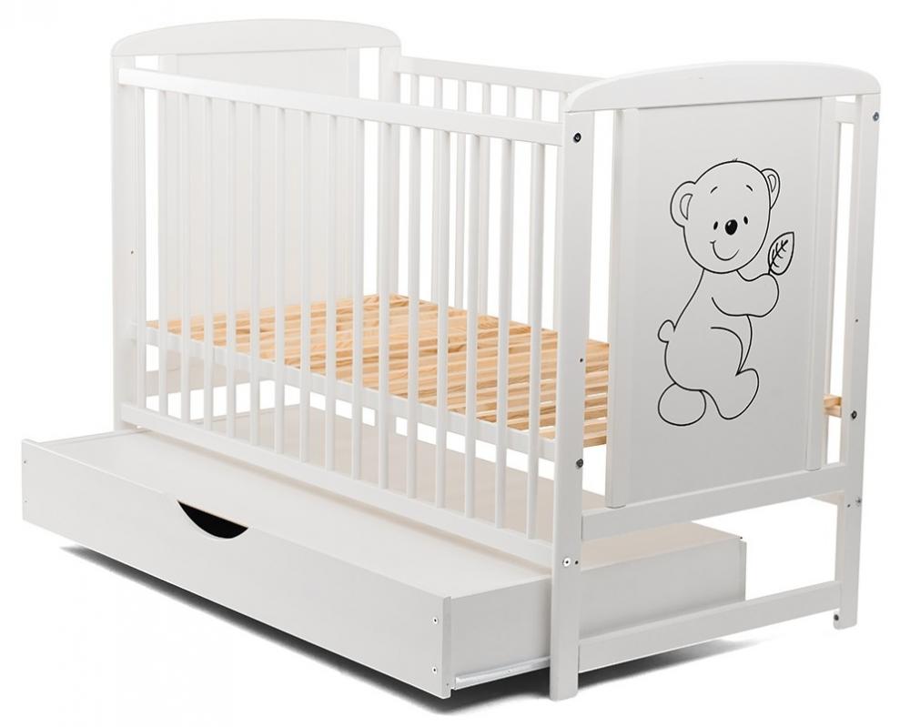 Set patut din lemn cu sertar timmi bear alb cu saltea cocos 10cm