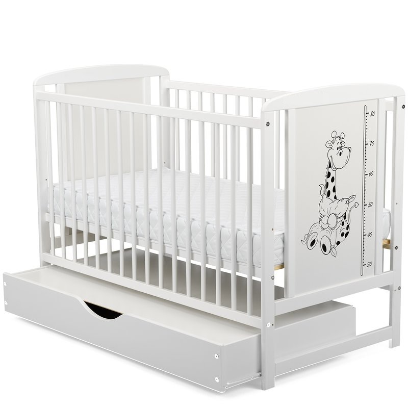 Set patut din lemn cu sertar timmi girafe alb cu saltea cocos 10cm