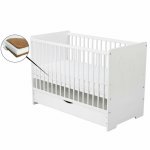 Patut din lemn Skandy Moon 120x60 cm cu sertar alb + saltea 10 cm