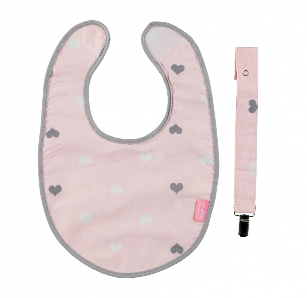 Baveta cu suport pentru suzeta Little Hearts Pink