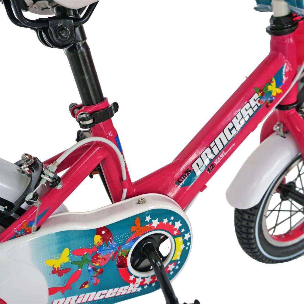 Bicicleta Carpat Princess C1208C 12 cu cosulet si roti ajutatoare 2-4 ani fucsiaverde