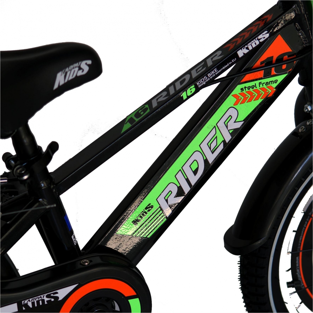 Bicicleta Carpat Rider C1607C 16 V-Brake cu cosulet si roti ajutatoare 4-6 ani negruverde