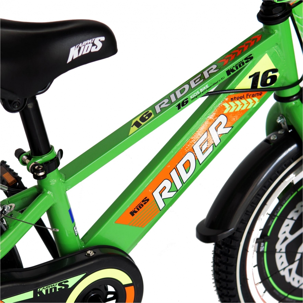 Bicicleta Carpat Rider C1607C 16 V-Brake cu cosulet si roti ajutatoare 4-6 ani verdeportocaliu
