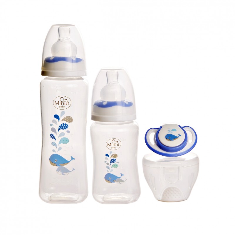 Set 2 biberoane 125 ml si 250 ml + suzeta in cutie sterilizare Minut Baby 0+ bleu