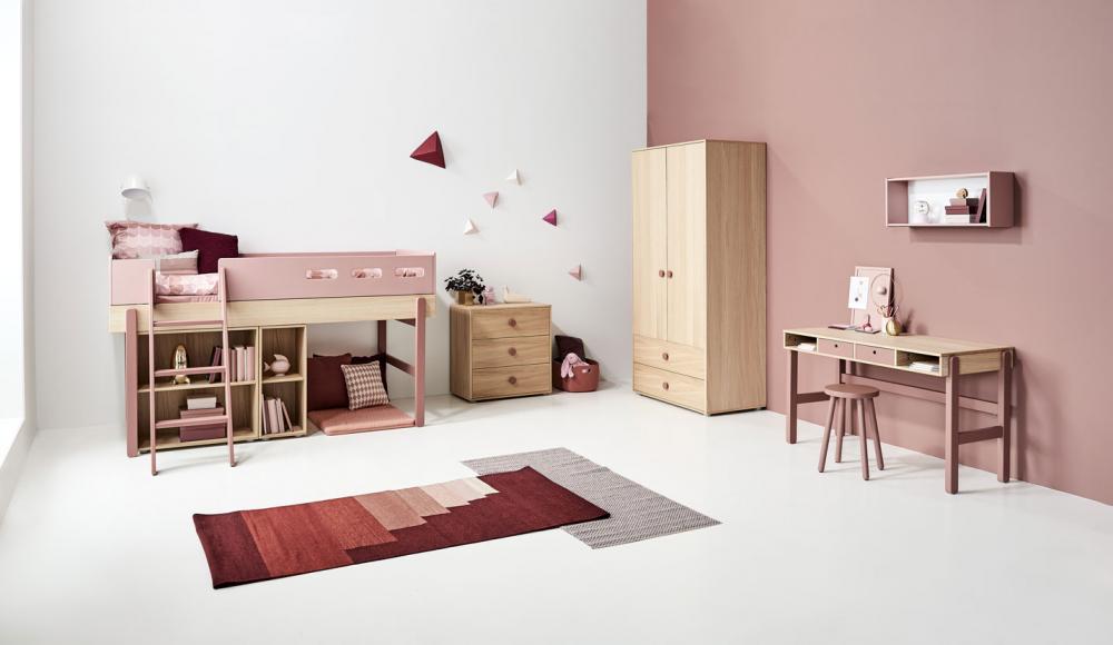 Paturi suprapuse pentru 3 persoane flexa popsicle cherry cu scara inclinata 90140x200 cm