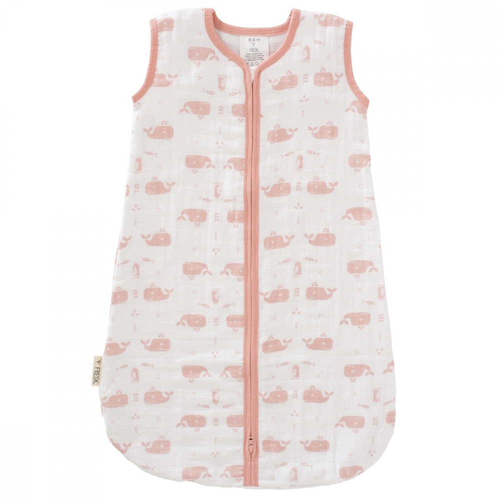 Sac de dormit din bumbac organic exterior muselina fresk whale mellow rose 0-6 luni