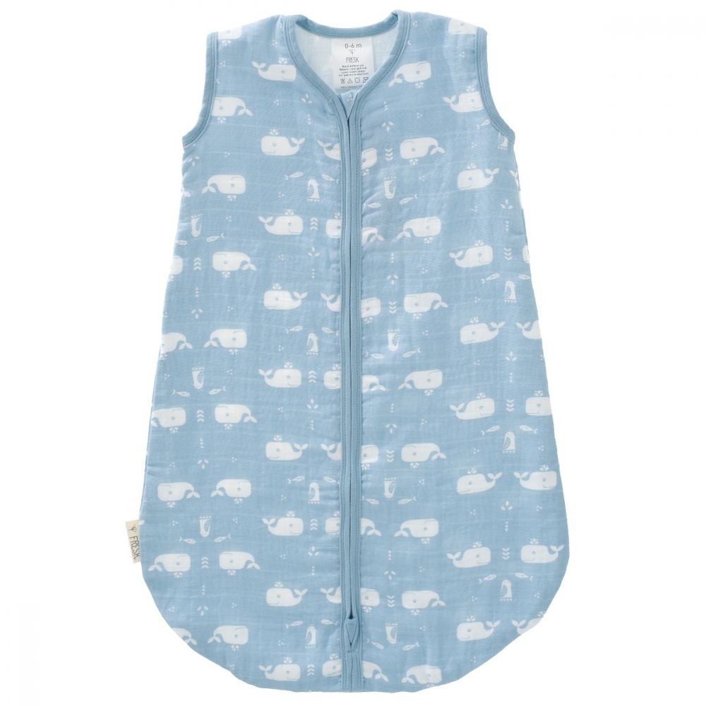 Sac de dormit din bumbac organic exterior muselina Fresk blue fog whale 6-12 luni