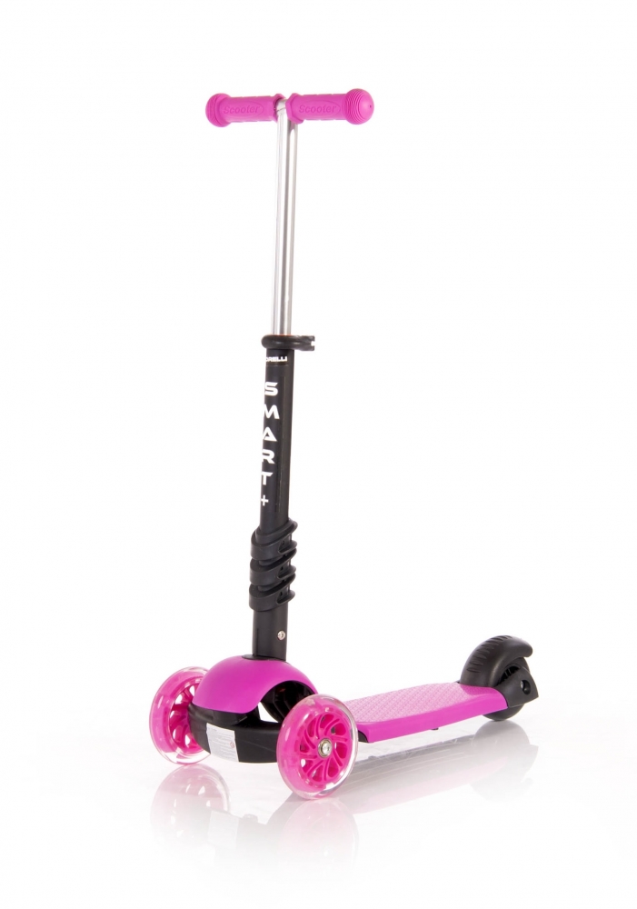 Trotineta pentru copii Smart Plus Pink, 3 roti cu LED, scaun reglabil si detasabil, maner parental reglabil, ghidon reglabil, greutate suportata 20 kg, varsta 3 ani+