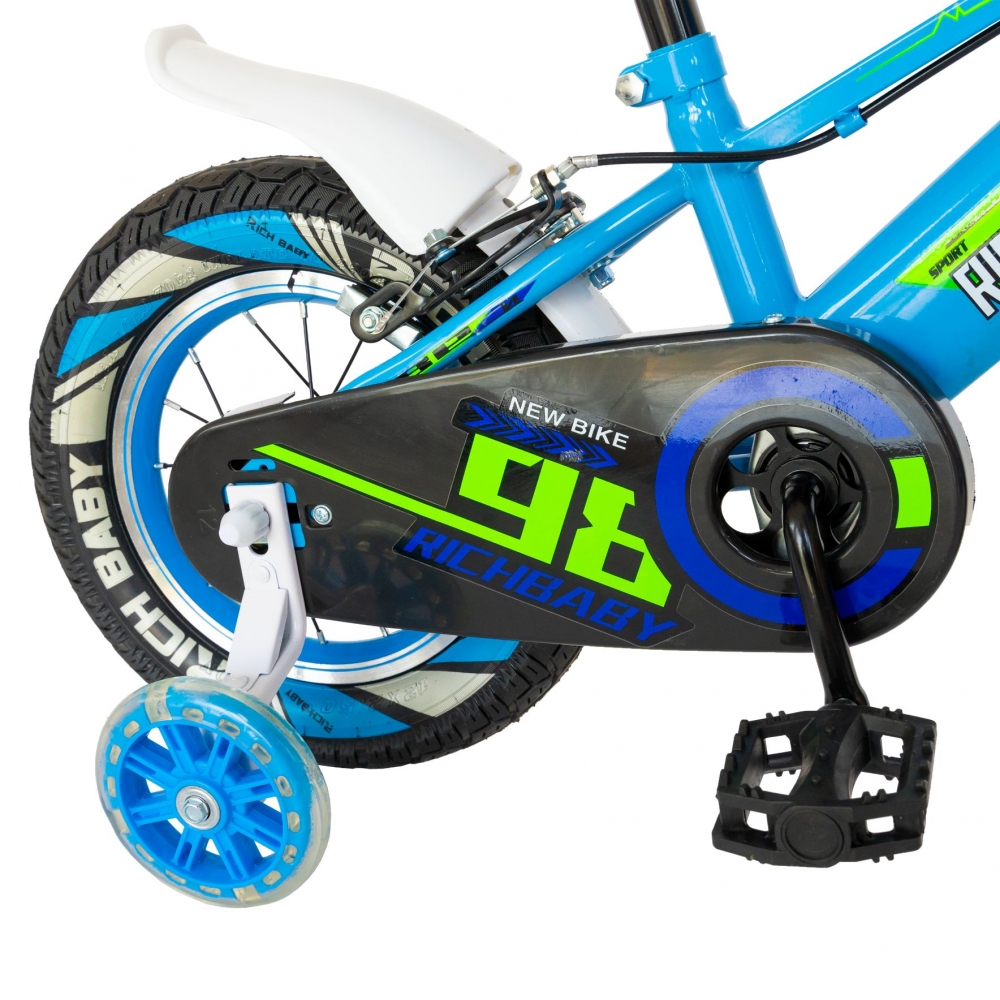 Bicicleta baieti Rich Baby R1207A roata 12 C-Brake cu cosulet si roti ajutatoare cu led 2-4 ani albastruverde