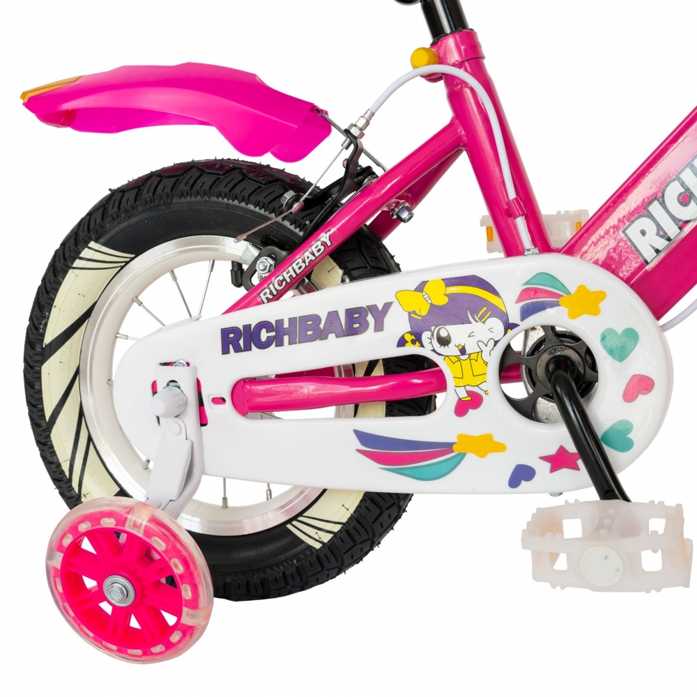 Bicicleta fete Rich Baby R1208A roata 12 C-Brake cu cosulet si roti ajutatoare cu led 2-4 ani fucsiaalb