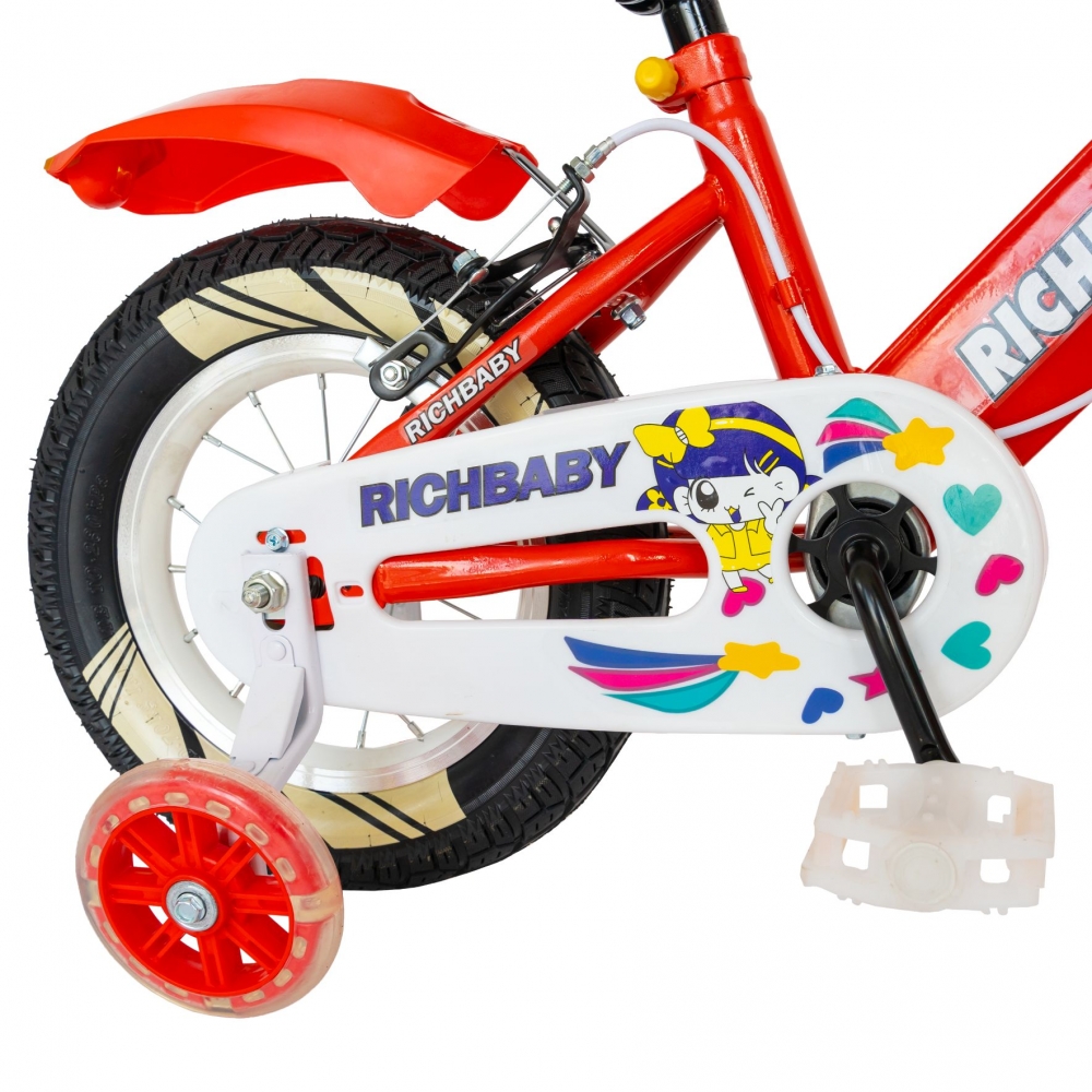 Bicicleta fete Rich Baby R1208A roata 12 C-Brake cu cosulet si roti ajutatoare cu led 2-4 ani rosualb