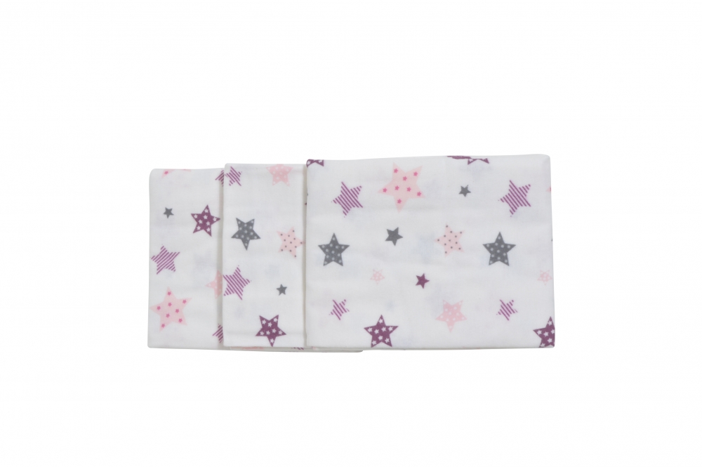 Set 3 scutece din finet 80x80 cm Nichiduta Pink and Grey Stars