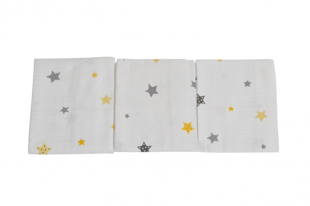 Set 3 scutece muselina din bumbac organic 100 Nichiduta Yellow and Grey Stars - 1 | YEO