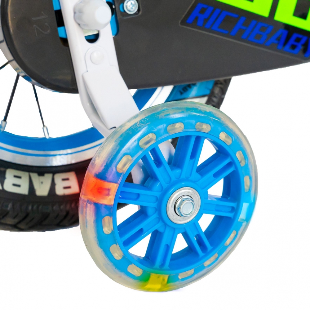 Bicicleta baieti Rich Baby 16 R1607A C-Brake otel roti ajutatoare cu Led 4-6 ani albastrualb