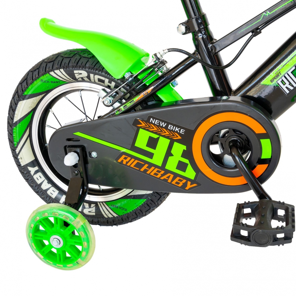 Bicicleta baieti Rich Baby 16 R1607A C-Brake otel roti ajutatoare cu Led 4-6 ani negruverde