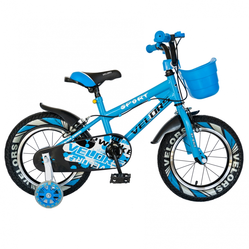 Bicicleta baieti Velors V1401A 14 C-Brake cu cosulet si roti ajutatoare led 3-5 ani albastrualb
