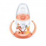 Biberon Nuk First Choice 150ml cu toarte si adaptor din silicon orange Disney 6 luni+
