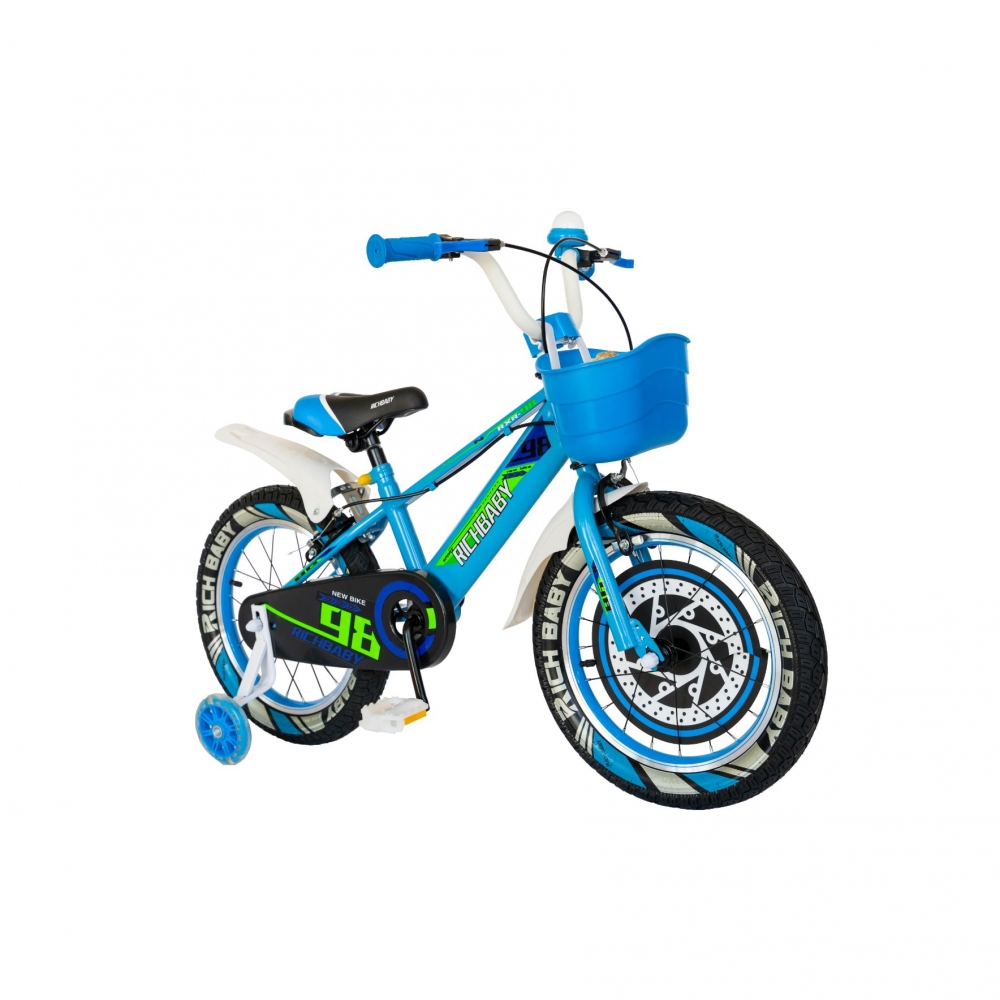 Bicicleta baieti Rich Baby R1807A 18 inch C-Brake otel cu cosulet si roti ajutatoare cu led 5-7 ani albalbastru