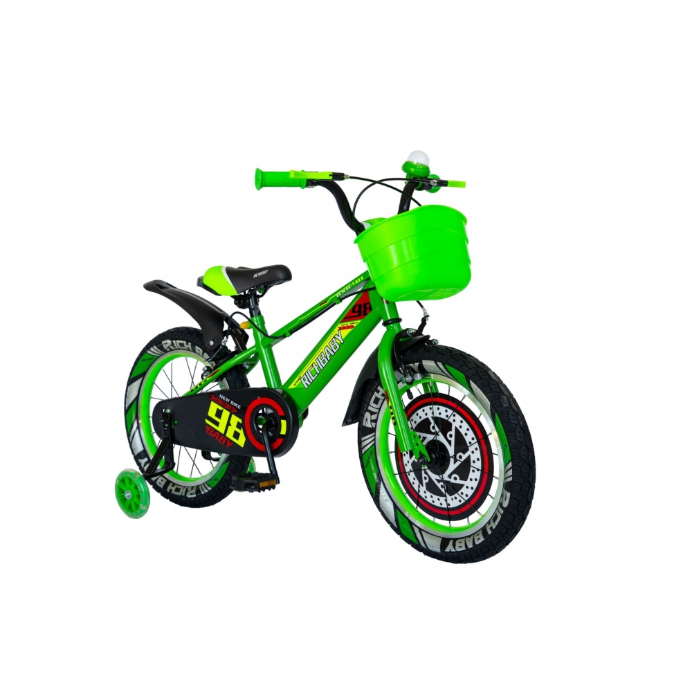Bicicleta baieti Rich Baby R1807A 18 inch C-Brake otel cu cosulet si roti ajutatoare cu led 5-7 ani verdenegru
