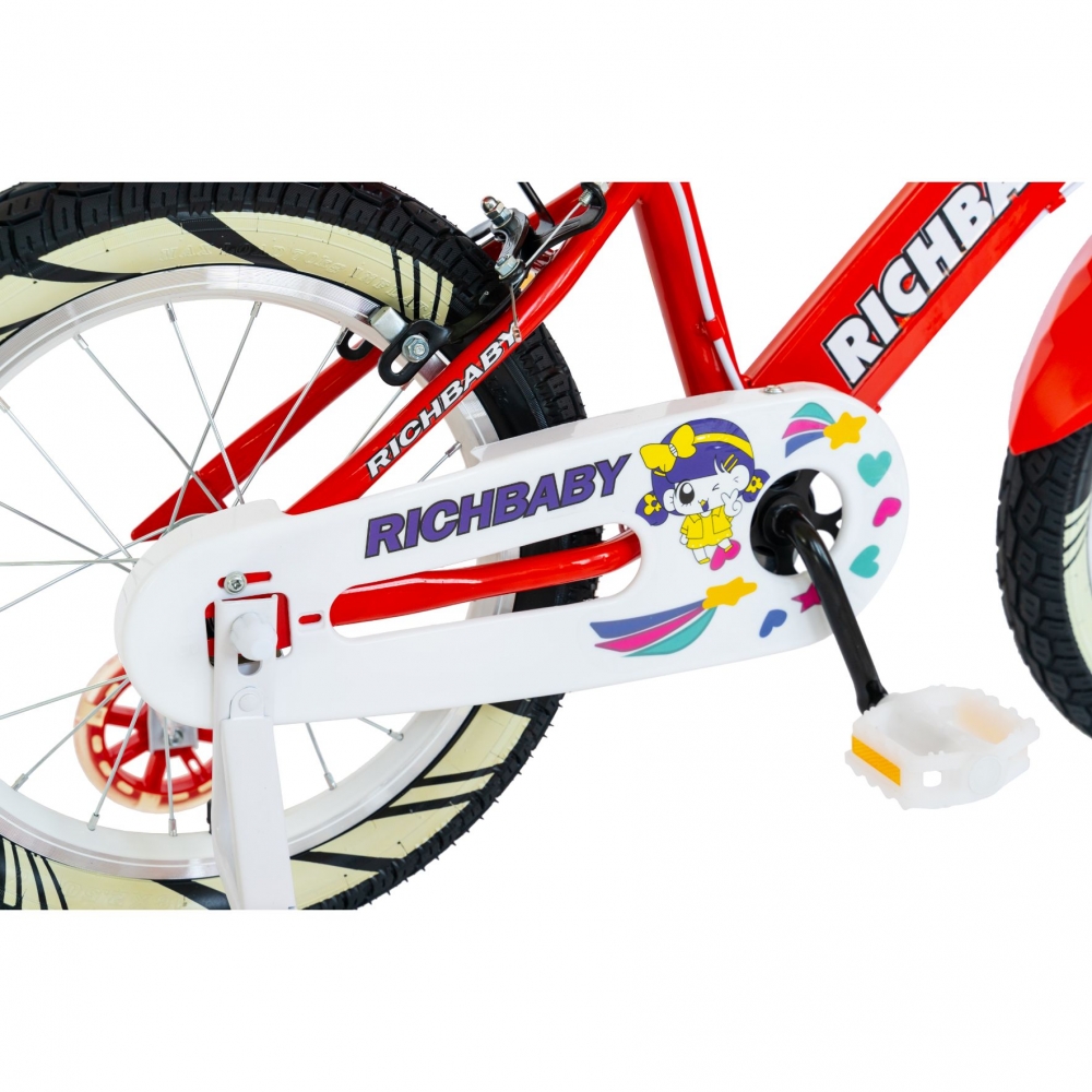 Bicicleta fete Rich Baby R1808A 18 inch C-Brake otel cu cosulet si roti ajutatoare cu led 5-7 ani rosualb - 1