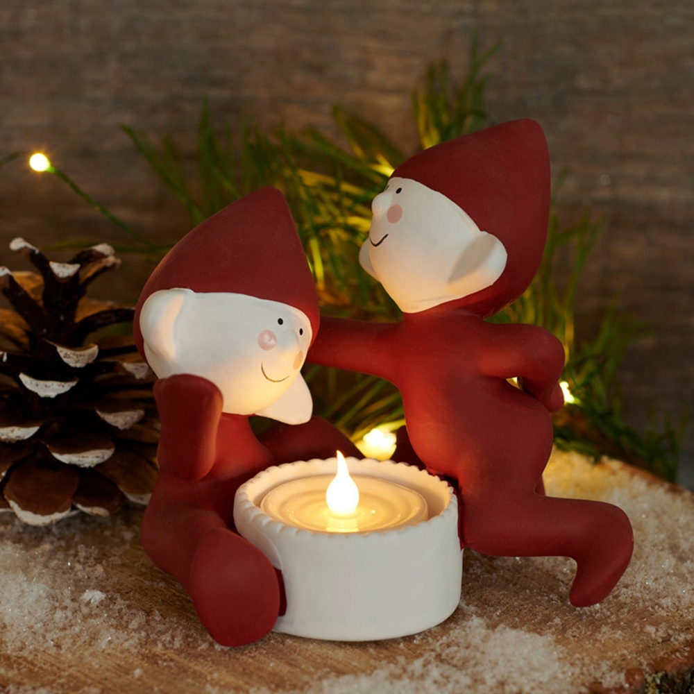Decoratiune lumanare led cu elfi clumsy nosy ceramica alb rosu