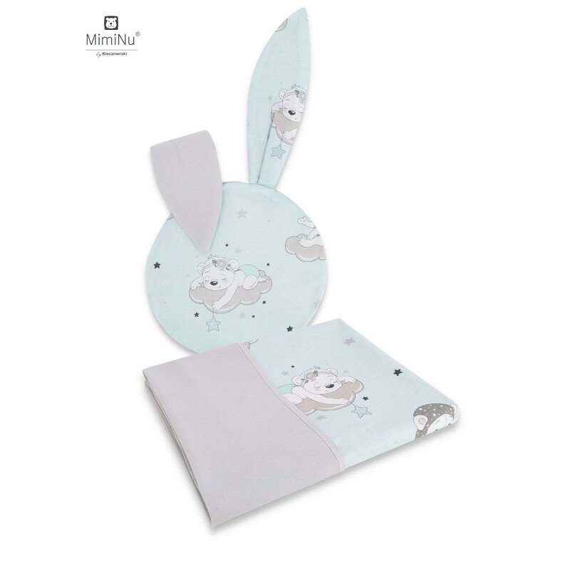 Set perna bebelus cu urechi si paturica 100x75 cm bears on clouds mint miminu