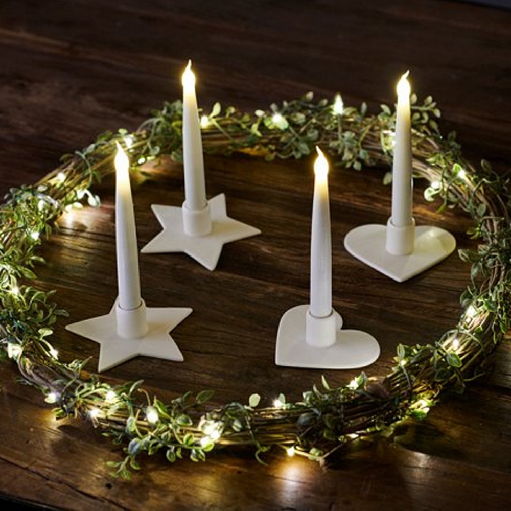 Set 2 lumanari led cu suport ceramic olina star alb mat