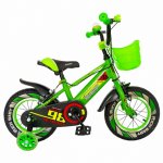 Bicicleta baieti Rich Baby R1407A 14 inch C-Brake cu cosulet si roti ajutatoare cu led 3-5 ani alb/verde