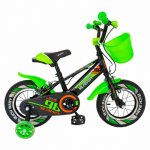 Bicicleta baieti Rich Baby R1407A 14 inch C-Brake cu cosulet si roti ajutatoare cu led 3-5 ani negru/verde