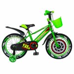 Bicicleta baieti Rich Baby R1807A 18 inch C-Brake otel cu cosulet si roti ajutatoare cu led 5-7 ani verde/negru