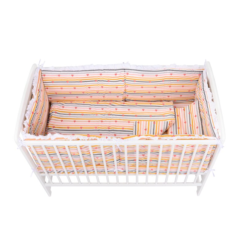 Lenjerie patut 5 piese 120x60 cm cu volanas inimioare dungi multicolore