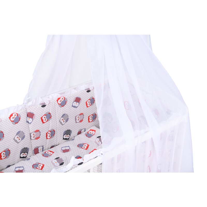 Lenjerie patut 6 piese 120x60 cm cu volanas bufnite gri-rosu