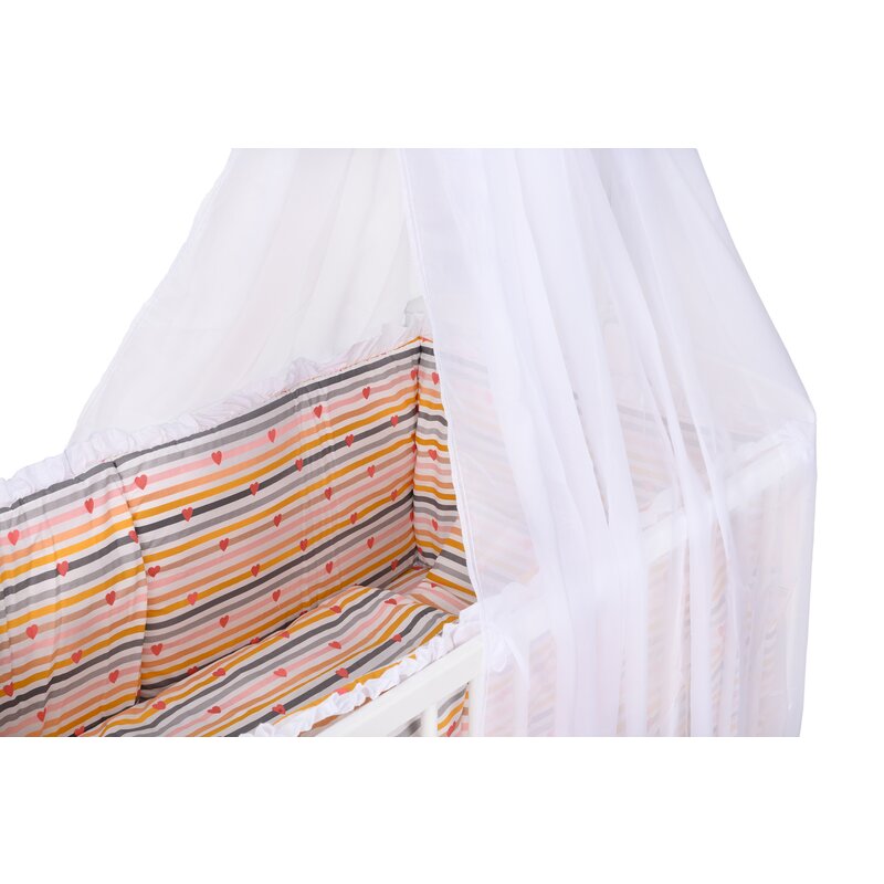 Lenjerie patut 6 piese 120x60 cm cu volanas inimioare dungi multicolore